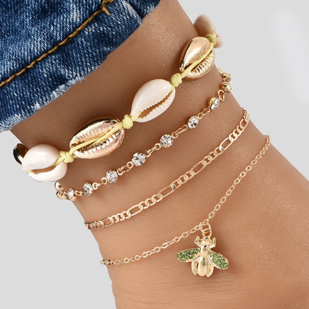 4pc Gold Anklet Bumble Bee Shells